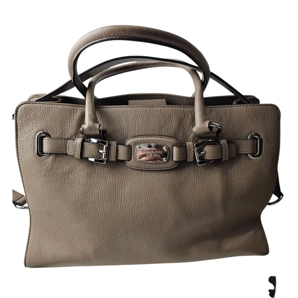 Michael Kors Hamilton Taupe Pebble Leather Satchel Bag with‎ Scarf Accent